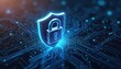 © miss irine - Cybersecurity concept illustration. Lock on shield with circuit board background. Generative AI provides network privacy, digital data protection, system access control. Keep business safe, protect