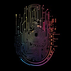 Leinwandbilder - Vibrant Futuristic Digital Circuit with Glowing Neon Gradient Shapes and Flowing Energy Waves  Colorful abstract high tech background with modern design technology innovation