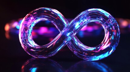 Aufkleber - Bright neon infinity symbol with futuristic lighting in pink and blue on dark background. Digital technology and innovation concept