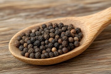 Wall Mural - Black peppercorns resting in wooden spoon on rustic table