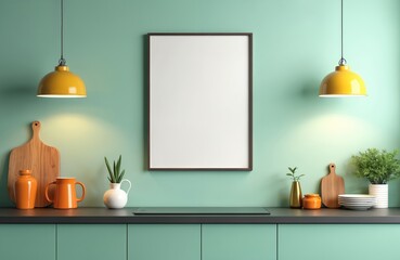 Aufkleber - Blank white frame hangs on kitchen wall. Modern interior design with wooden frame, yellow lamps, green wall, plant, wooden kitchenware, cooking tools on table. Contemporary room design. Scandinavian