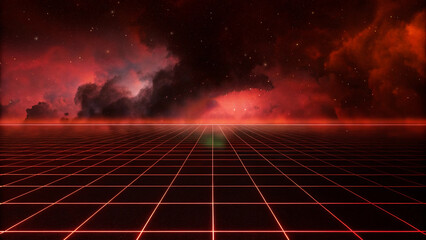 Wall Mural - Red grid floor line on a glow neon night red grid background, arcade game, music poster, outer space, concert poster. Empty stage, neon lights, spotlights, and rays. Dark background and neon light. 