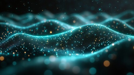 Leinwandbilder - Abstract digital wave with glowing particles and bokeh lights in teal and gold hues, futuristic technology concept