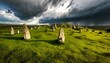 © PandaUniverse - stone circle on a grassy hill under a stormy sky