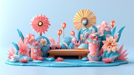 Canvas Print - Pastel floral scene; wooden bench; whimsical background; spring design; website banner
