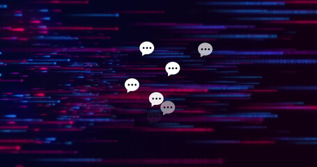 Wall Mural - image of speech bubbles glowing light trails moving over black background