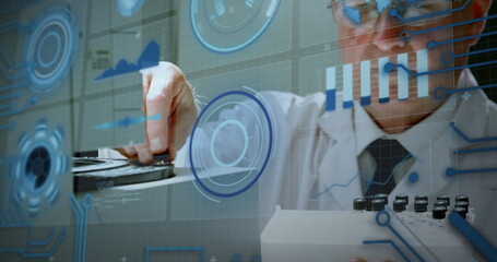 Canvas Print - image of scientific data processing over diverse scientists in laboratory