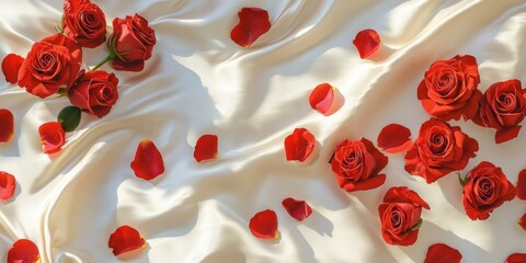 Canvas Print - Bed with red roses and petals