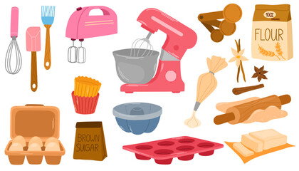 baking tools, utensils, ingredients set. kitchen supplies, bakery stuff for cooking cake. flour bag,