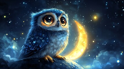 A kawaii owl with big sparkling eyes sitting on a crescent moon