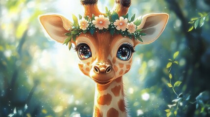 Wall Mural - A kawaii giraffe with sparkly eyes and a tiny flower crown