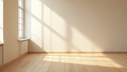Poster - Bright empty apartment room with beige wall and wooden floor. Sunlight from windows. Copy space for product placement or interior design visualization. Modern architecture, real estate concept.