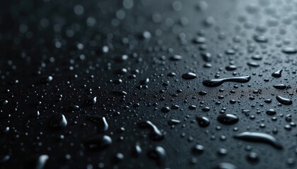 Leinwandbilder - Close-up rain droplets create intricate patterns on dark surface with blurred light color background. Raindrops of water form abstract design. Wet black texture reflects ambient light.