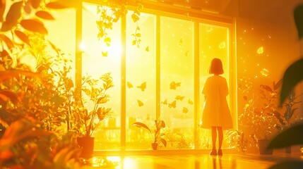 A young girl looking at butterflies through a window