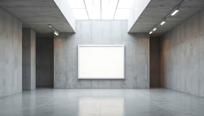 Poster - Blank illuminated white screen in modern gallery. Concrete room, showroom interior with big window for product presentation. Empty wall, contemporary architecture, hall design in office building.