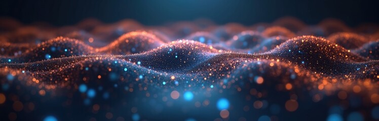 Poster - Abstract big data analysis background. Luminous orange dots grid represents structure, complexity of bigdata. Lines connect insights patterns. Artificial intelligence, neural network tech concept.