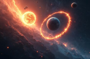 Aufkleber - Fantasy sci-fi solar system in deep space with ring of fire, spheres, planets in motion. Red, orange colors. Perfect wallpaper for astronomy, astrophysics publications. Science fiction poster, cosmos