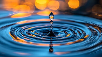 Fototapete - Water droplet falling into water creating ripples with bokeh background for environmental concept and imagery use