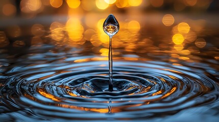 Fototapete - Water droplet impact, ripples, bokeh background; nature photography
