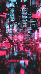 Aufkleber - Abstract cityscape with neon pink and blue lights, futuristic digital city. Cyberpunk and digital transformation concept