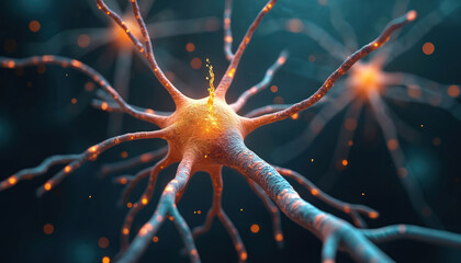 Poster - Illustration of neuron cell sending electric signals in brain for neural activities. Nerve cell network, brain signal communication for neurology, neuroscience, biological research, mental health,