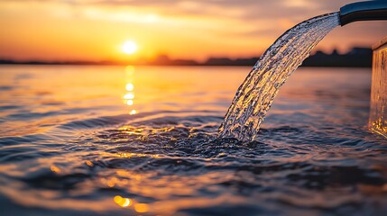 Fototapete - Water flows from faucet with sunset background, concept of fresh water source, natural resource