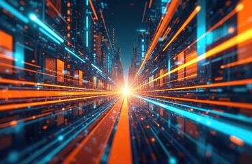 Fototapete - Glitch art piece shows abstract colorful city background. Digital cyberspace, IT data transfer. Telecommunication fractal light glows urban datum perspective motion design with texture geometry.