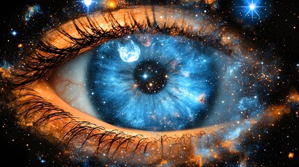 Wall Mural - Close-Up of a Human Eye with Universe and Stars Reflected in the Iris Against Dark Background