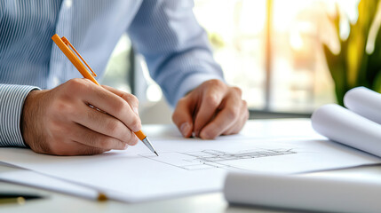 Aufkleber - Close up of hands sketching futuristic building layout with pencil, surrounded by rolled blueprints on sunlit desk