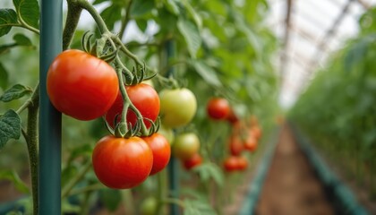 Wall Mural - Tomatoes grow in greenhouse. Agriculture business cultivation. Ripe red vegetables hang on branches. Organic, natural, fresh farm food. Tasty nature green business. Farming in summer season.