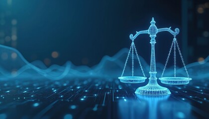 Aufkleber - Digital balancing scale justice, fairness in modern technology environment. Holographic scales balance on illuminated datum background of ai circuitry. Innovation concept in abstract futuristic