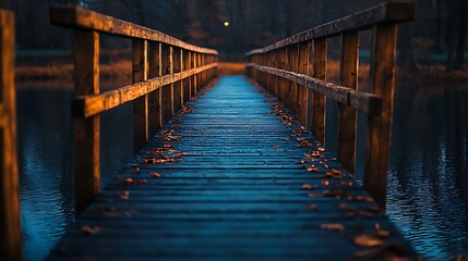 Canvas Print - Wooden bridge over calm water at sunset, autumn leaves