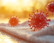 © Nattapat - Closeup of red virus and bacteria floating near a towel, sunny outdoor background with golden hour sunlight, highlighting the vibrant, microscopic particles