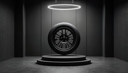Leinwandbilder - Modern minimal showcase with tire on podium on black background. Car wheel auto service pattern, brutal template. Empty 3d exhibition for product presentation, advertising template and design space.