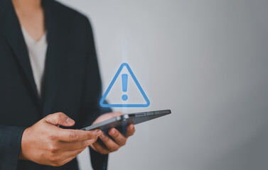 Fototapete - System warning hacked alert, cyber attack on computer network.Businessman using tablet with warning sign notification error, Malicious software,virus and cybercrime, Cybersecurity,data breach.