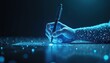 © miss irine - Digital hand signs document. Futuristic glowing blue network lines with pen. E-signatures, advanced tech. Cyberspace concept for secure transactions, digital transformation, innovation, virtual