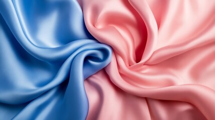 Poster - Swirling blue and pink satin fabric close-up, smooth texture and vibrant colors. Luxury fashion and textile design concept