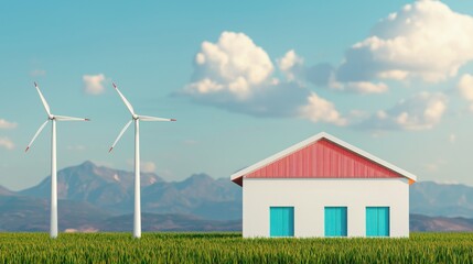 A modern house surrounded by green fields and two wind turbines under a clear blue sky, symbolizing sustainable living and renewable energy.