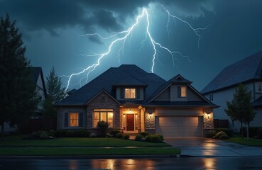 Wall Mural - dramatic night scene lightning strikes over suburban house. thunderstorm clouds cover the sky. dark 