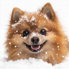 Playful dog joyfully running in the fresh white snow with a happy expression and winter wonderland background