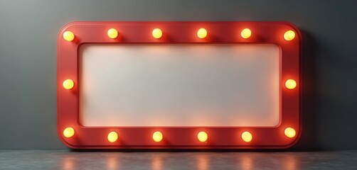 Aufkleber - Vintage illuminated signboard with red frame, yellow bulbs on grey background in 3D render. Retro cinema sign motion picture, entertainment, advertising. Perfect for movie, theatre, show promotion,