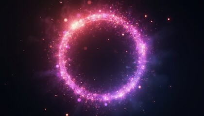 Poster - Abstract neon sphere of glowing particles and waves on dark backdrop. Circle with magic purple, pink flame sparks. Three-dimensional AI-generated biological energy analysis illustration.