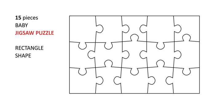 Jigsaw puzzle blank template. Cutting lines grid design for baby jigsaw rectangle puzzle - 15 pieces.