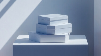 Fototapete - A minimalist composition featuring stacked white boxes on a light surface, illuminated by soft shadows, creating a serene and modern aesthetic
