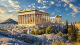 Majestic Parthenon Under Golden Sunset Sky Over Athens Landscape
