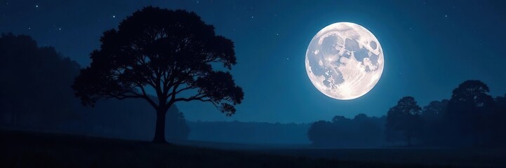 silhouetted tree against the bright full moon in a forest at nighttime, full moon, moonlight, seclud