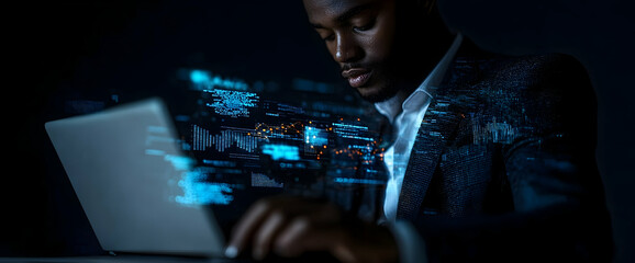 Man coding late night, data streams, dark office