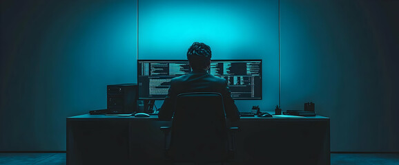 Coder works late at night, blue light, desk