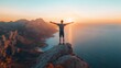 © Echt&KIreativ - Hiker celebrating stunning sunset over the sea from mountain peak