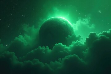 Wall Mural - A dark planet is shrouded in the mysterious, glowing aura of a green nebula, Nebular Clouds, Aura, Dark